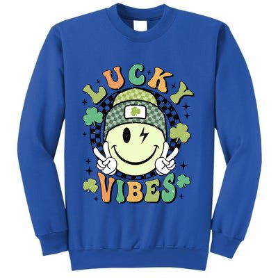 Retro Lucky Vibes St PatrickS Day Happy Face Shamrock Cute Gift Sweatshirt