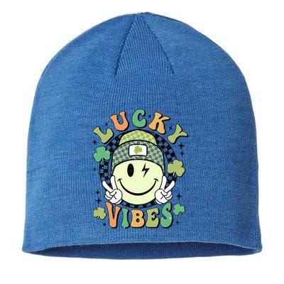 Retro Lucky Vibes St PatrickS Day Happy Face Shamrock Cute Gift Sustainable Beanie