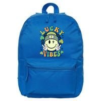 Retro Lucky Vibes St PatrickS Day Happy Face Shamrock Cute Gift 16 in Basic Backpack
