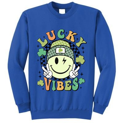 Retro Lucky Vibes St PatrickS Day Happy Face Shamrock Cute Gift Tall Sweatshirt