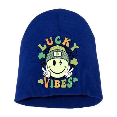 Retro Lucky Vibes St PatrickS Day Happy Face Shamrock Cute Gift Short Acrylic Beanie