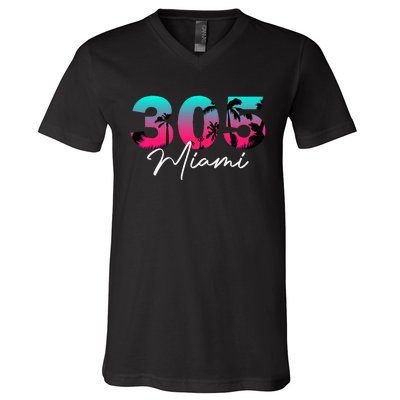 Retro Miami 305 Flamingo Colors V-Neck T-Shirt