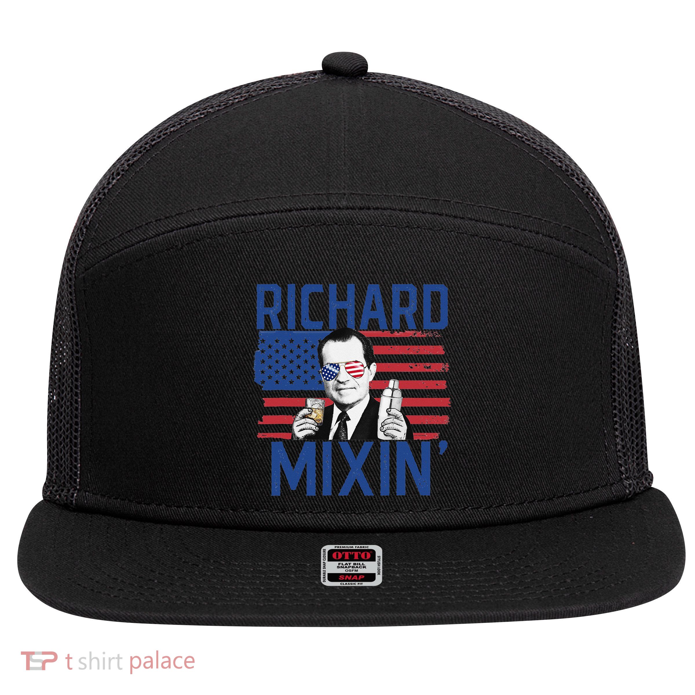 Richard Mixin' 4th Of July Funny Drinking President Nixon 7 Panel Mesh Trucker Snapback Hat
