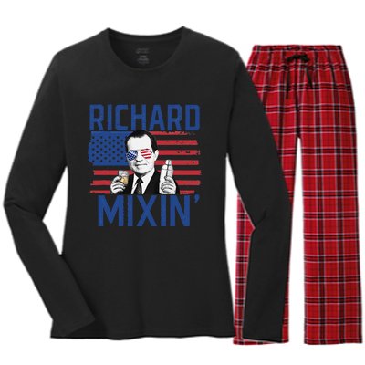 Richard Mixin' 4th Of July Funny Drinking President Nixon Women's Long Sleeve Flannel Pajama Set 