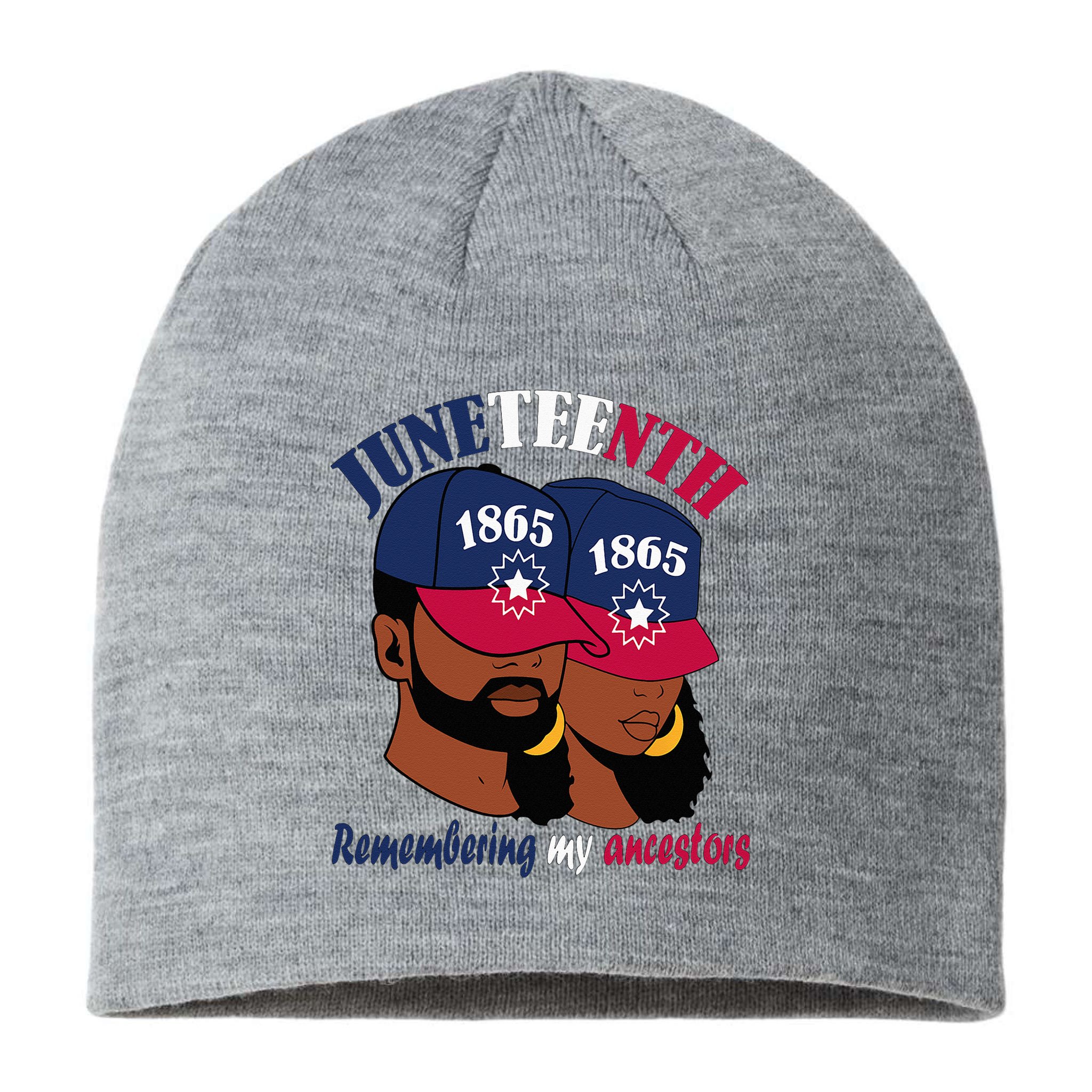 Remembering My Ancestors Juneteenth flag blue red white Sustainable Beanie