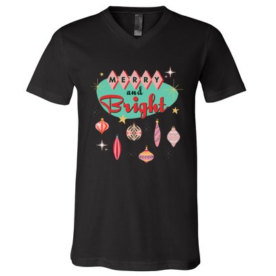 Retro Merry and Bright Mid-Century Modern Christmas Ornament V-Neck T-Shirt