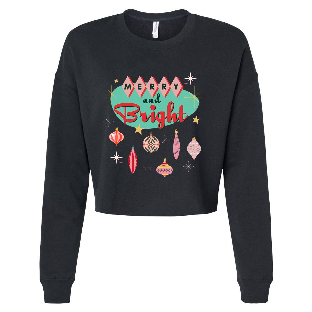 Retro Merry and Bright Mid-Century Modern Christmas Ornament Cropped Pullover Crew