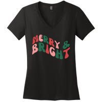 Retro Merry And Bright Long Sleeve Women's V-Neck T-Shirt