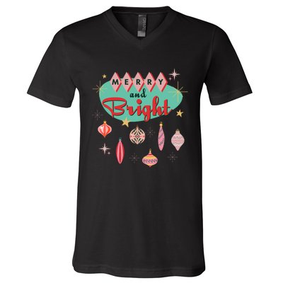 Retro Merry And Bright Midcentury Modern Christmas Ornament V-Neck T-Shirt