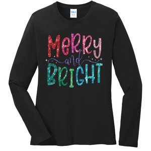 Retro Merry And Bright Merry Christmas Ladies Long Sleeve Shirt