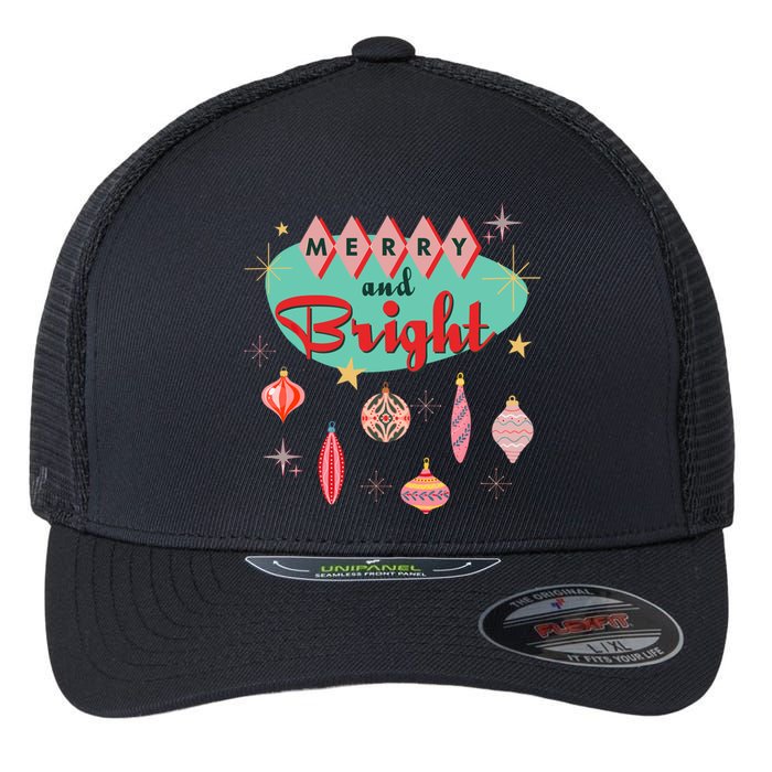 Retro Merry And Bright Midcentury Modern Christmas Ornament Flexfit Unipanel Trucker Cap