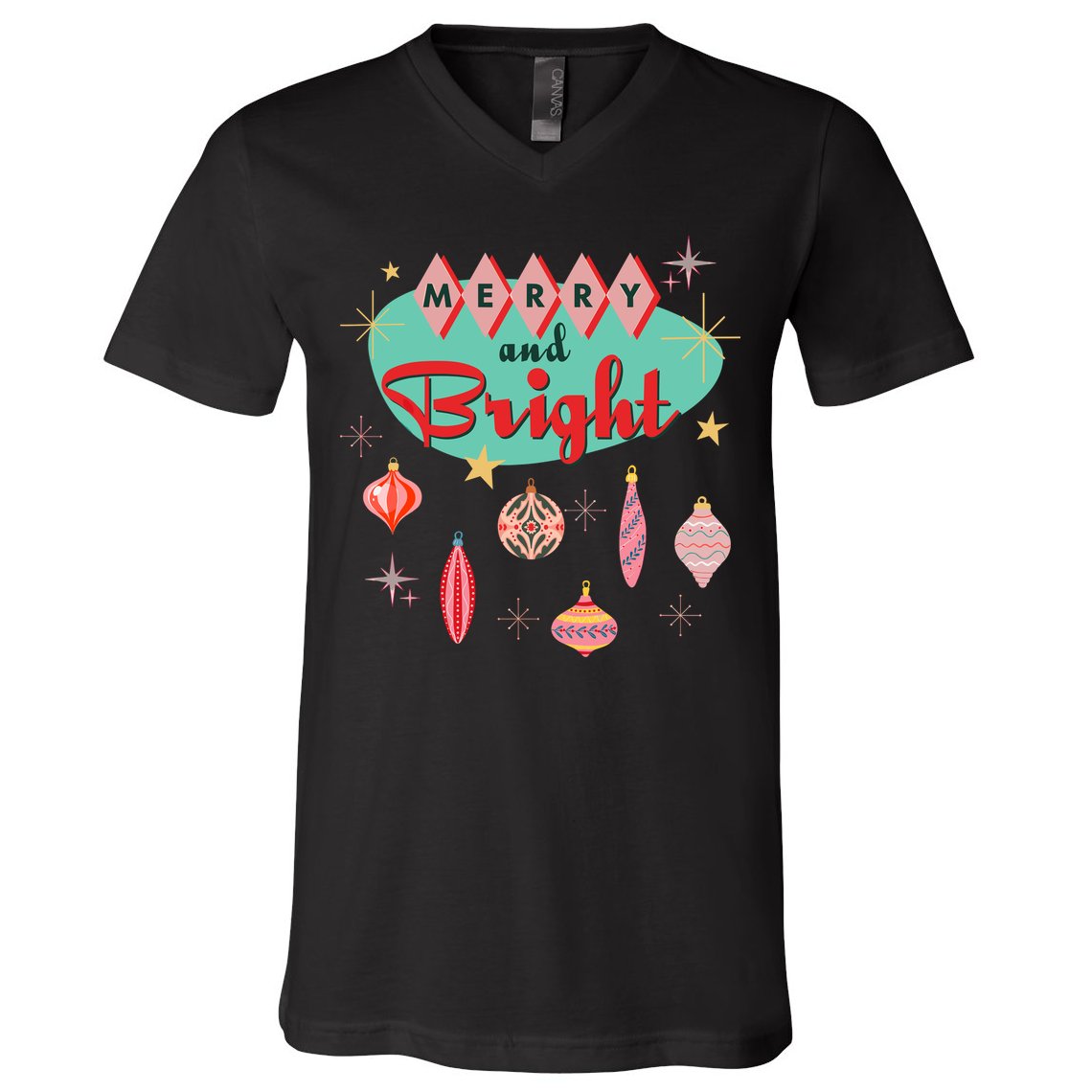 Retro Merry And Bright Midcentury Modern Christmas Ornament V-Neck T-Shirt