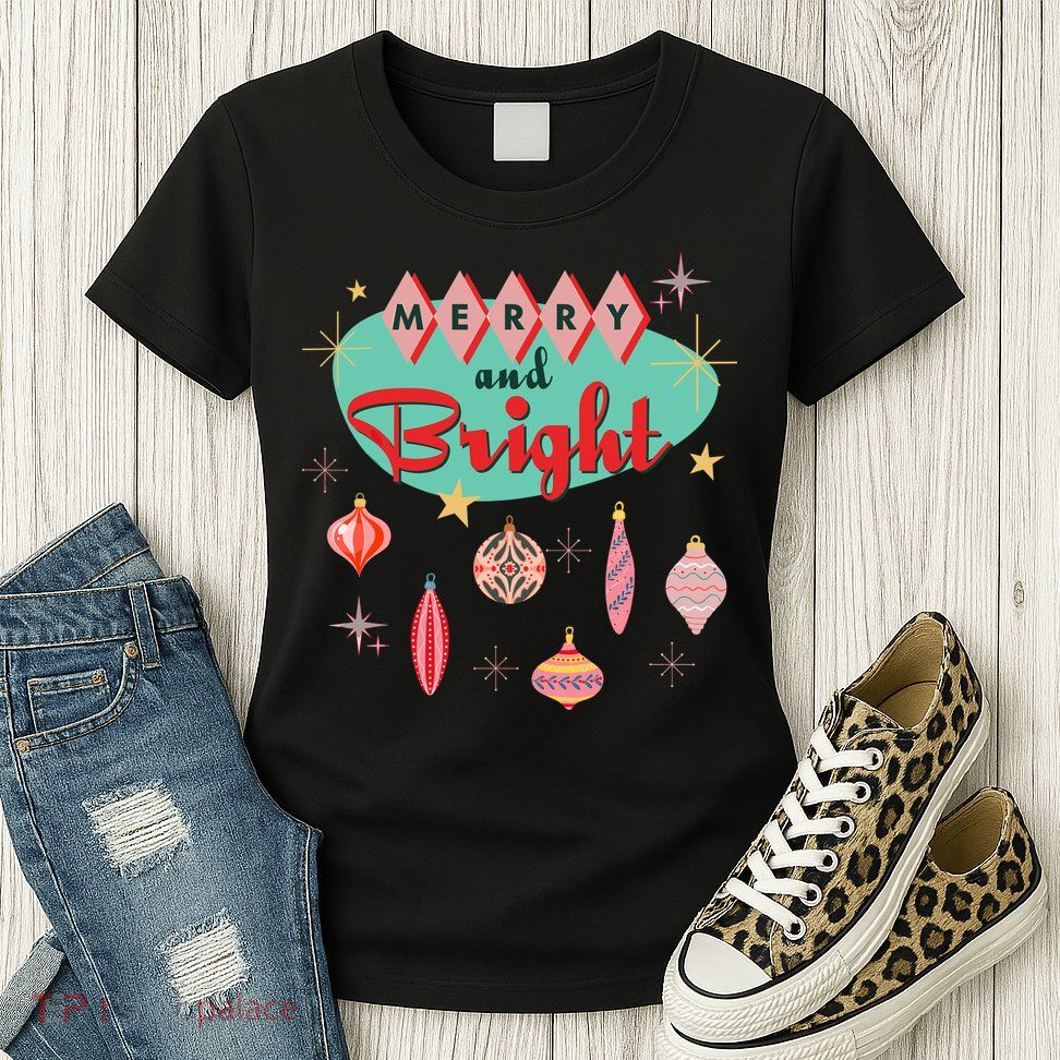 Retro Merry And Bright Midcentury Modern Christmas Ornament Womens T-Shirt