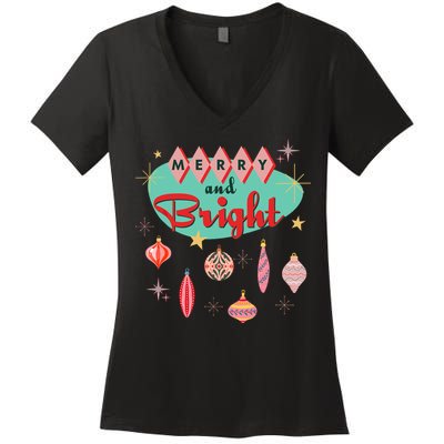 Retro Merry And Bright Midcentury Modern Christmas Ornament Women's V-Neck T-Shirt