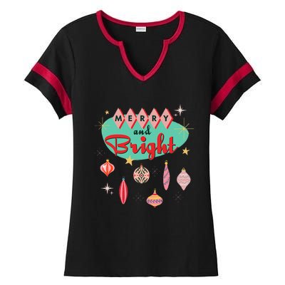 Retro Merry And Bright Mid Century Modern Christmas Orna Ladies Halftime Notch Neck Tee