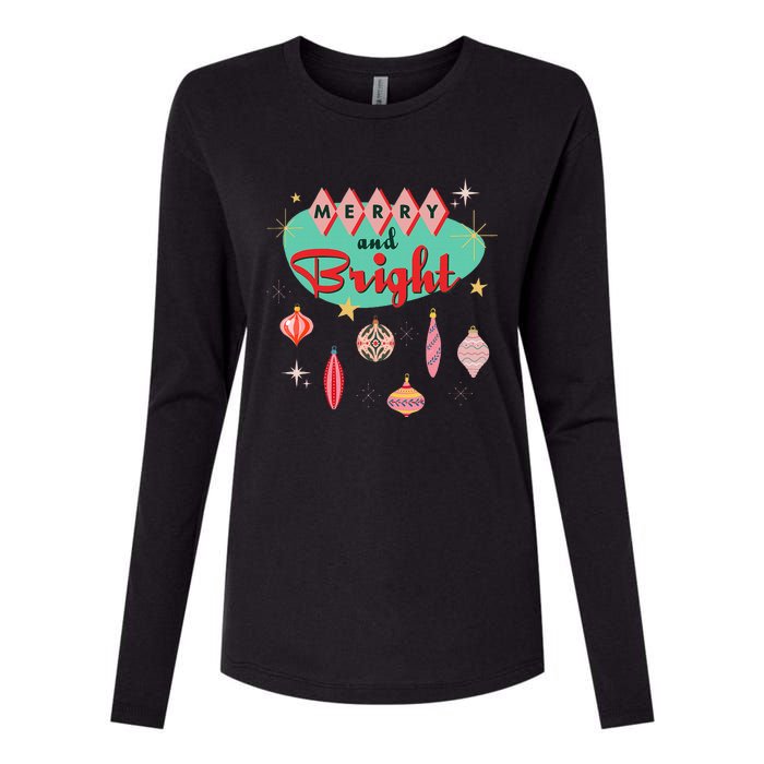 Retro Merry And Bright Mid Century Modern Christmas Orna Womens Cotton Relaxed Long Sleeve T-Shirt