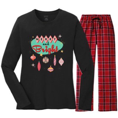 Retro Merry And Bright Mid Century Modern Christmas Orna Women's Long Sleeve Flannel Pajama Set 