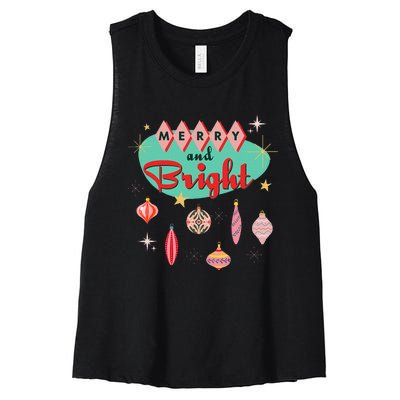 Retro Merry And Bright Mid Century Modern Christmas Orna Women's Racerback Cropped Tank