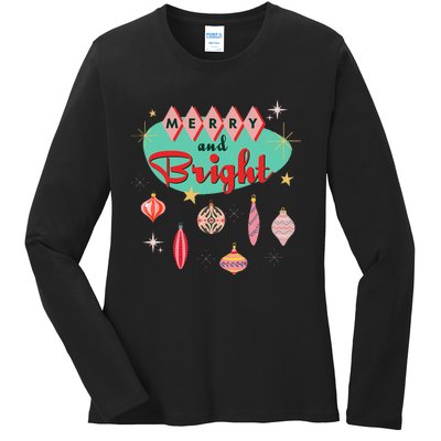 Retro Merry And Bright Mid Century Modern Christmas Orna Ladies Long Sleeve Shirt