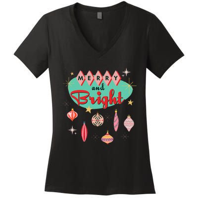 Retro Merry And Bright Mid Century Modern Christmas Orna Women's V-Neck T-Shirt