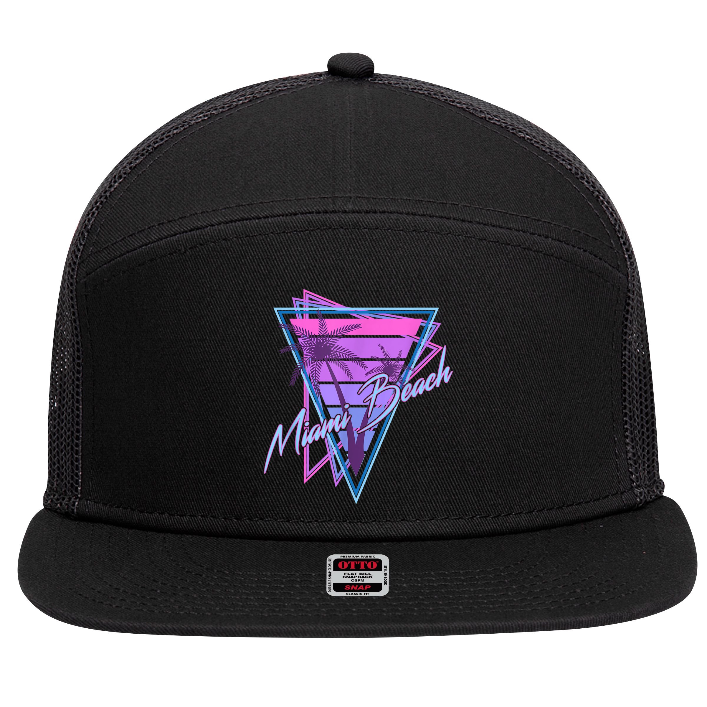 Retro Miami Beach Vintage 80s Beach Souvenir 7 Panel Mesh Trucker Snapback Hat
