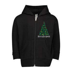 Retro Merry Bookmas Book Tree Christmas Holiday Book Lovers Gift Toddler Zip Fleece Hoodie