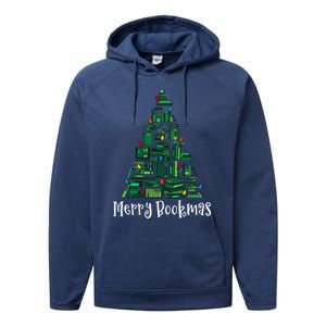 Retro Merry Bookmas Book Tree Christmas Holiday Book Lovers Gift Performance Fleece Hoodie