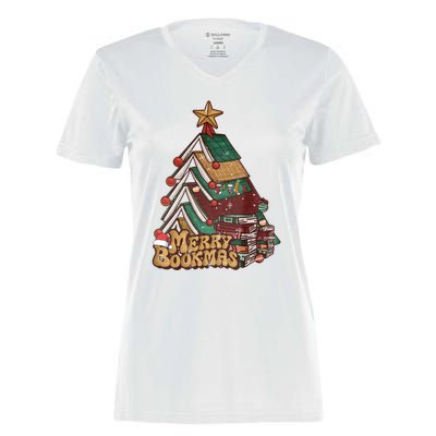 Retro Merry Bookmas Christmas Book Tree Bookworm Gift Women's Momentum V-Neck T-Shirt