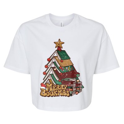 Retro Merry Bookmas Christmas Book Tree Bookworm Gift Bella+Canvas Jersey Crop Tee