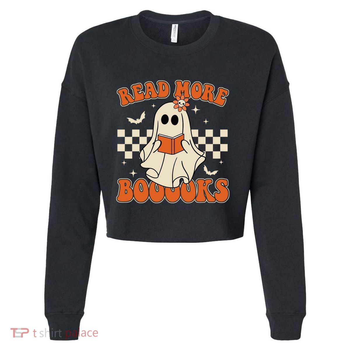 Read More Books Spooky Teacher Halloween Ghost Reading Books Gift Cropped Pullover Crew