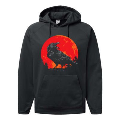 Red Moon Black Crow Gothic Animal Bird Spooky Forest Raven Performance Fleece Hoodie