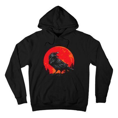 Red Moon Black Crow Gothic Animal Bird Spooky Forest Raven Hoodie