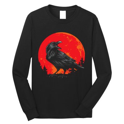 Red Moon Black Crow Gothic Animal Bird Spooky Forest Raven Long Sleeve Shirt