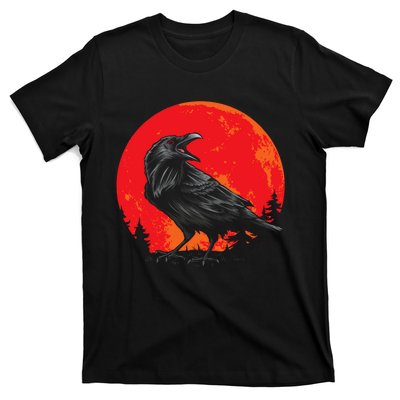 Red Moon Black Crow Gothic Animal Bird Spooky Forest Raven T-Shirt