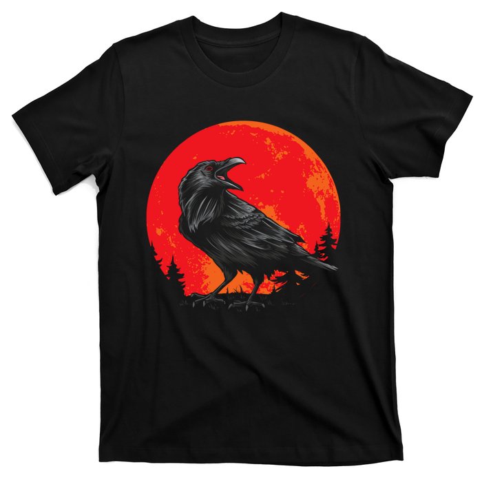 Red Moon Black Crow Gothic Animal Bird Spooky Forest Raven T-Shirt