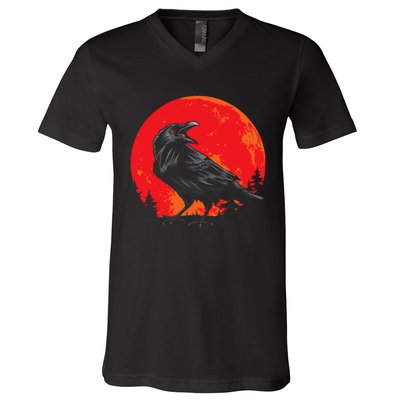 Red Moon Black Crow Gothic Animal Bird Spooky Forest Raven V-Neck T-Shirt