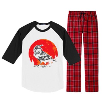 Red Moon Black Crow Gothic Animal Bird Spooky Forest Raven Raglan Sleeve Pajama Set