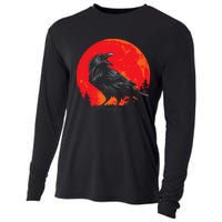 Red Moon Black Crow Gothic Animal Bird Spooky Forest Raven Cooling Performance Long Sleeve Crew