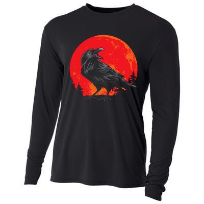 Red Moon Black Crow Gothic Animal Bird Spooky Forest Raven Cooling Performance Long Sleeve Crew