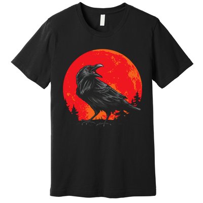 Red Moon Black Crow Gothic Animal Bird Spooky Forest Raven Premium T-Shirt