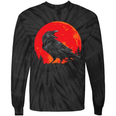 Red Moon Black Crow Gothic Animal Bird Spooky Forest Raven Tie-Dye Long Sleeve Shirt