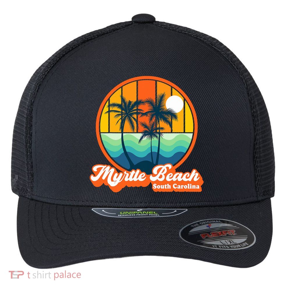 Retro Myrtle Beach South Carolina Summer 90s Beach Souvenirs Flexfit Unipanel Trucker Cap