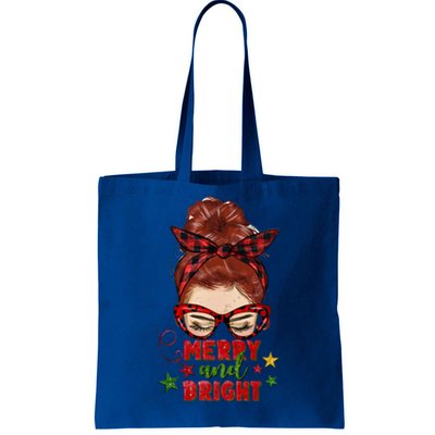 Redhead Messy Bun Merry And Bright Christmas Holiday Pajamas Cute Gift Tote Bag