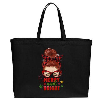 Redhead Messy Bun Merry And Bright Christmas Holiday Pajamas Cute Gift Cotton Canvas Jumbo Tote