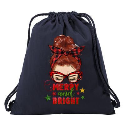 Redhead Messy Bun Merry And Bright Christmas Holiday Pajamas Cute Gift Drawstring Bag