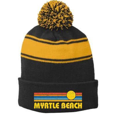 Retro Myrtle Beach Sunset Vintage Throwback Stripe Pom Pom Beanie