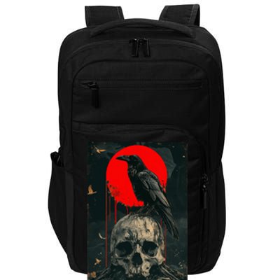 Red Moon Black Gothic Raven Skull Graphic Black Crow Impact Tech Backpack