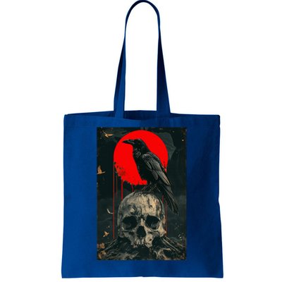 Red Moon Black Gothic Raven Skull Graphic Black Crow Tote Bag