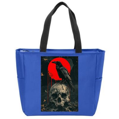 Red Moon Black Gothic Raven Skull Graphic Black Crow Zip Tote Bag