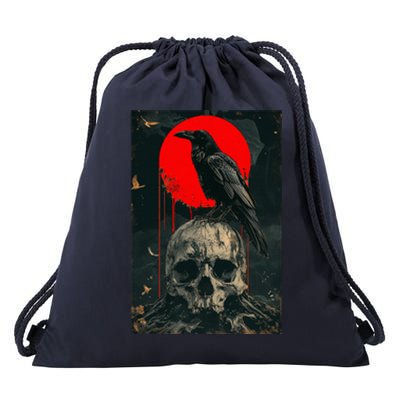 Red Moon Black Gothic Raven Skull Graphic Black Crow Drawstring Bag